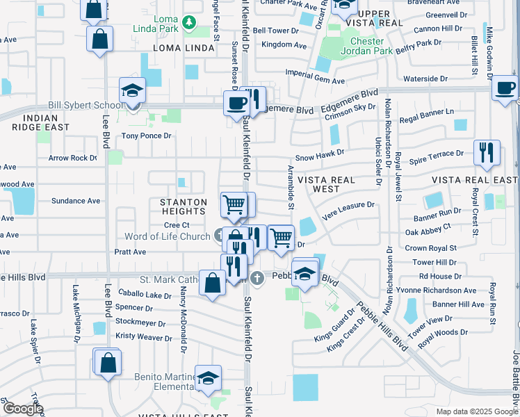 map of restaurants, bars, coffee shops, grocery stores, and more near 11728 Queens Garden Circle in El Paso
