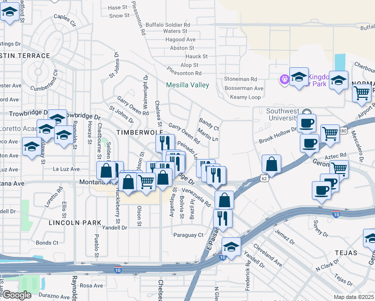 map of restaurants, bars, coffee shops, grocery stores, and more near 5535 Peinado Lane in El Paso