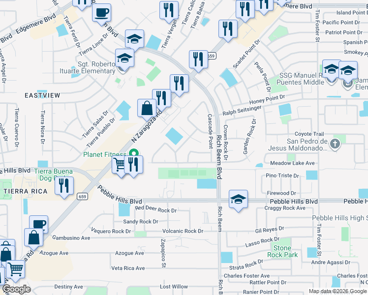 map of restaurants, bars, coffee shops, grocery stores, and more near 3048 Stormy Point Drive in El Paso