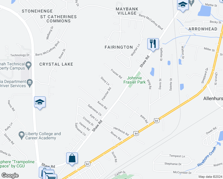 map of restaurants, bars, coffee shops, grocery stores, and more near 147 Fletcher Road in Hinesville