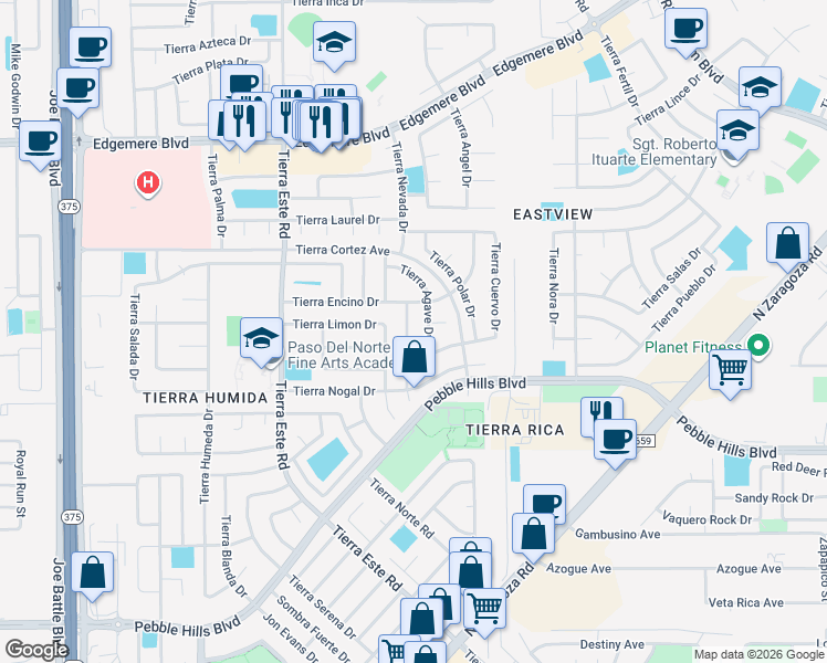 map of restaurants, bars, coffee shops, grocery stores, and more near 12521 Tierra China Court in El Paso