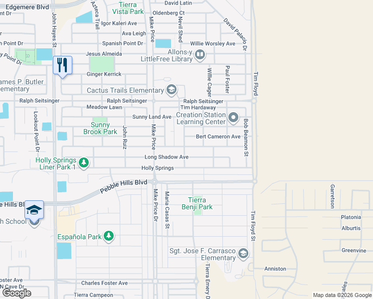 map of restaurants, bars, coffee shops, grocery stores, and more near 14748 Hunters Grove Avenue in El Paso