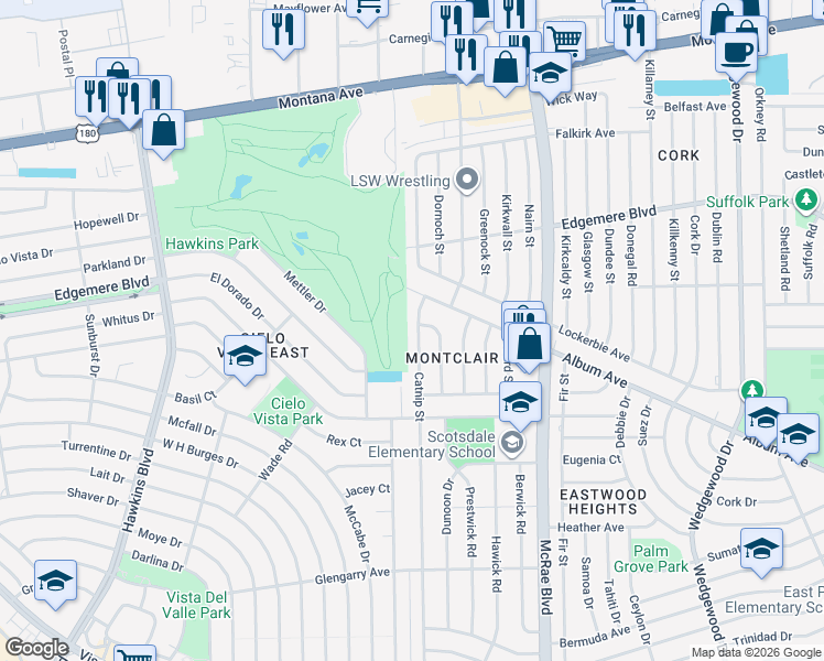 map of restaurants, bars, coffee shops, grocery stores, and more near 3134 Daisy Street in El Paso