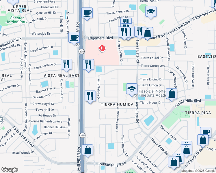 map of restaurants, bars, coffee shops, grocery stores, and more near 12259 Tierra Loma Road in El Paso