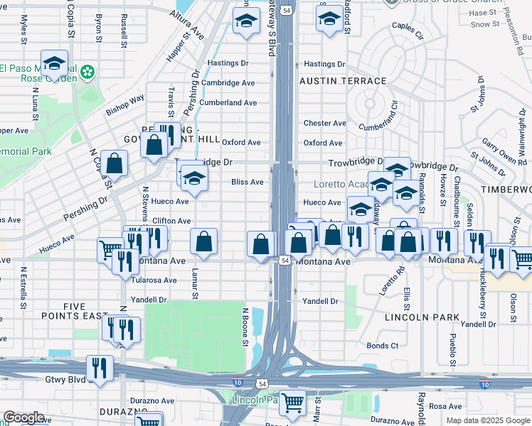 map of restaurants, bars, coffee shops, grocery stores, and more near in El Paso