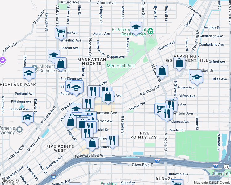 map of restaurants, bars, coffee shops, grocery stores, and more near 1214 North San Marcial Street in El Paso