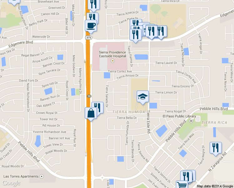 map of restaurants, bars, coffee shops, grocery stores, and more near 12259 Tierra Loma Road in El Paso
