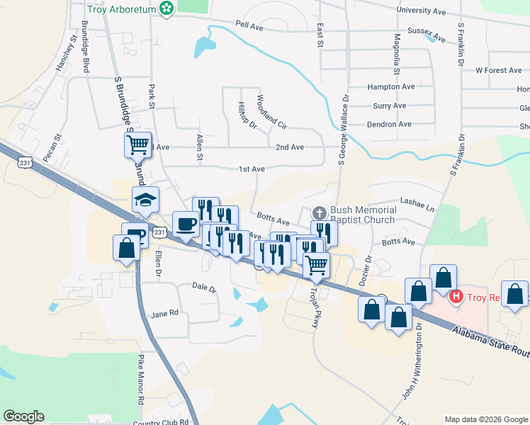 map of restaurants, bars, coffee shops, grocery stores, and more near 100-298 Botts Ave in Troy