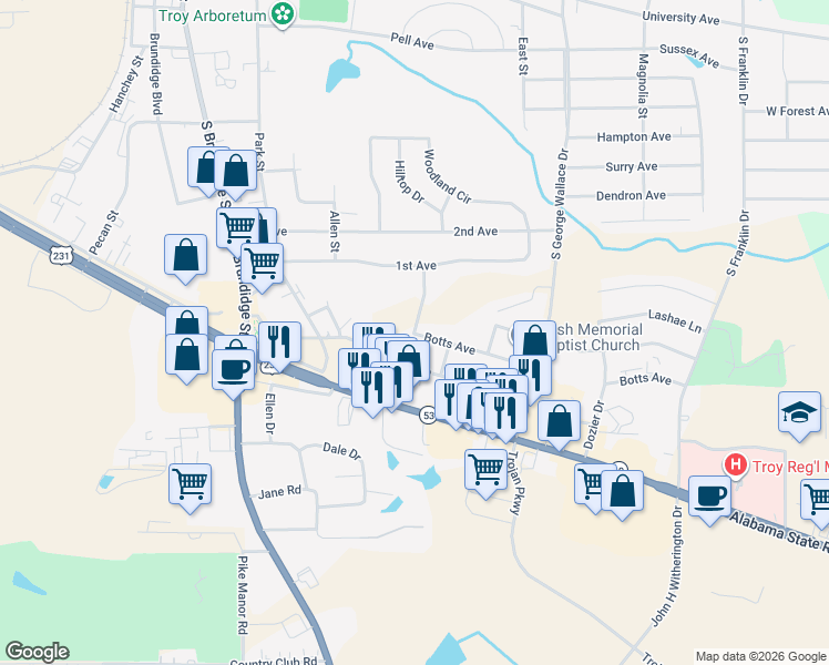 map of restaurants, bars, coffee shops, grocery stores, and more near 298 Botts Ave in Troy