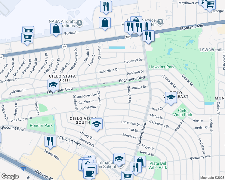 map of restaurants, bars, coffee shops, grocery stores, and more near 8412 Edgemere Boulevard in El Paso