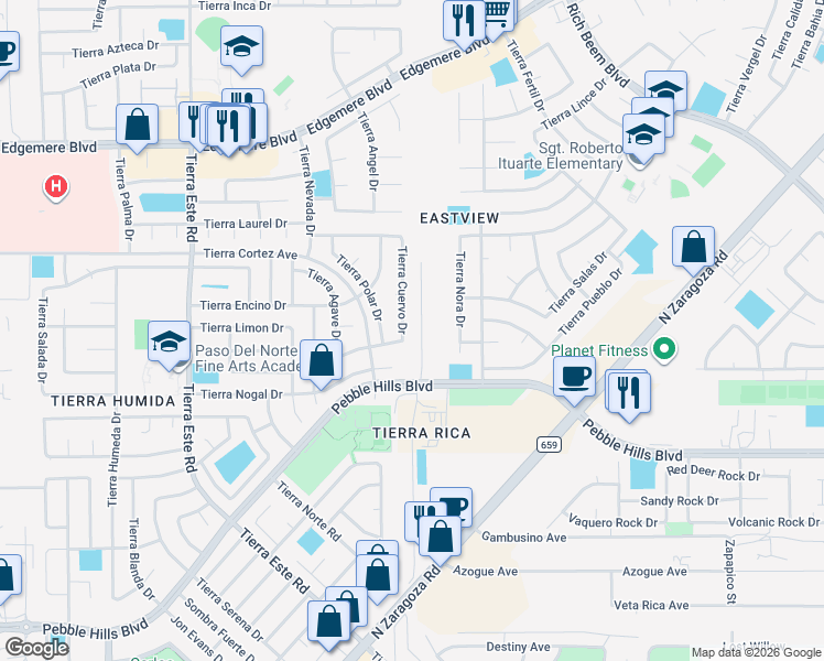 map of restaurants, bars, coffee shops, grocery stores, and more near 3016 Tierra Cuervo Drive in El Paso
