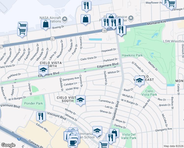 map of restaurants, bars, coffee shops, grocery stores, and more near 8412 Edgemere Boulevard in El Paso