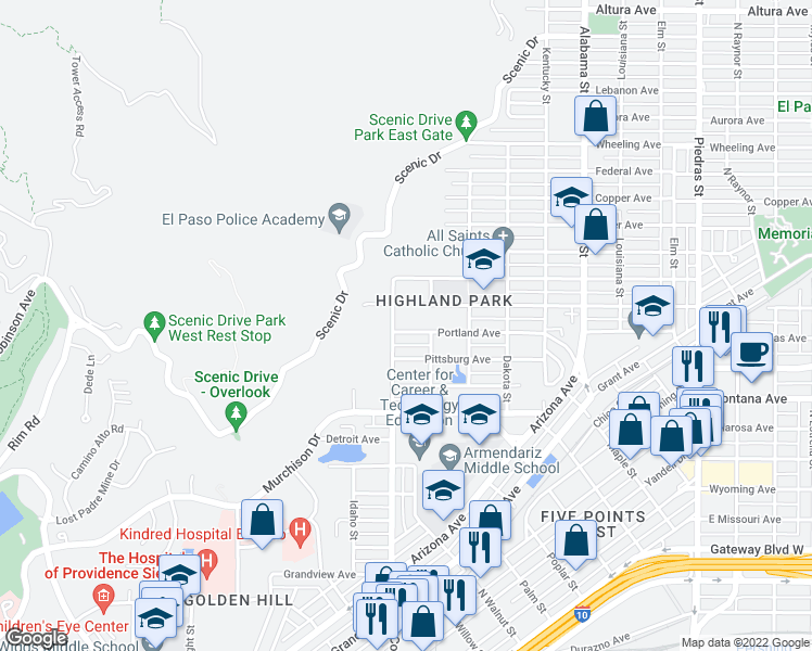 map of restaurants, bars, coffee shops, grocery stores, and more near 1330 North Cotton Street in El Paso