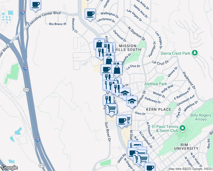 map of restaurants, bars, coffee shops, grocery stores, and more near 3500 Sun Bowl Drive in El Paso