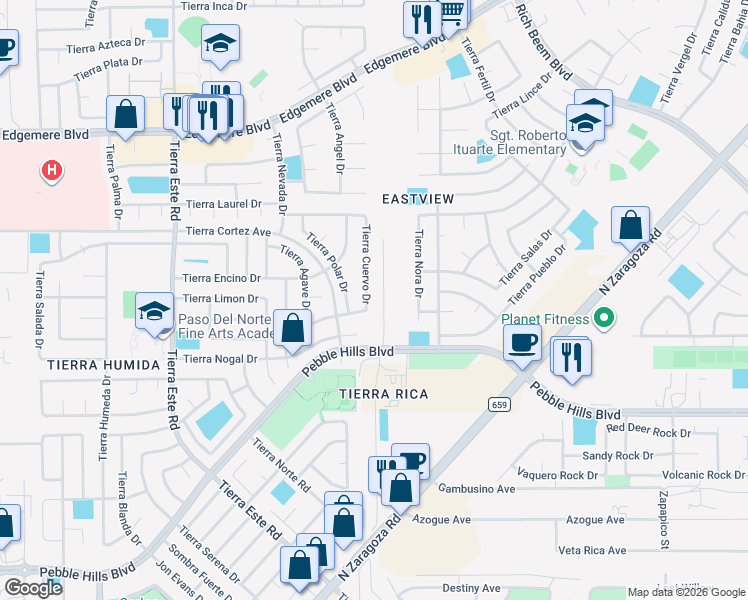 map of restaurants, bars, coffee shops, grocery stores, and more near 3016 Tierra Cuervo Drive in El Paso