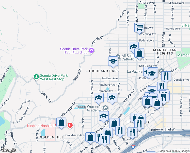 map of restaurants, bars, coffee shops, grocery stores, and more near 1330 North Cotton Street in El Paso