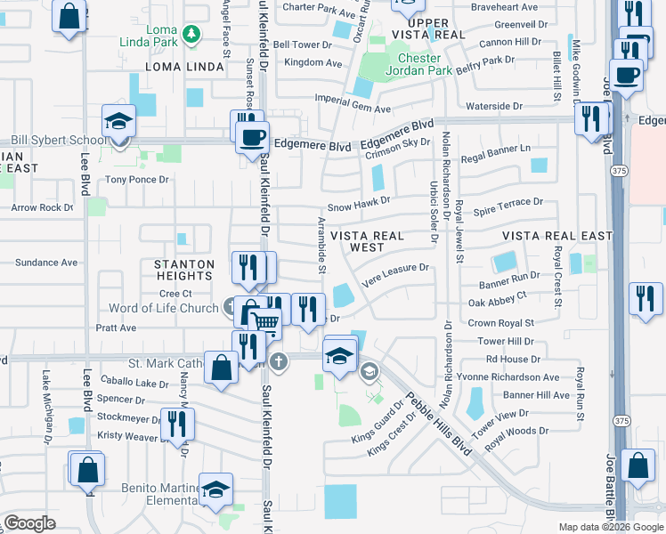 map of restaurants, bars, coffee shops, grocery stores, and more near 11809 Archer Tower Court in El Paso