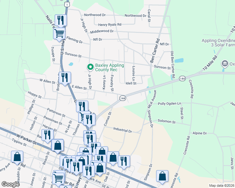 map of restaurants, bars, coffee shops, grocery stores, and more near 389 East Allen Street in Baxley