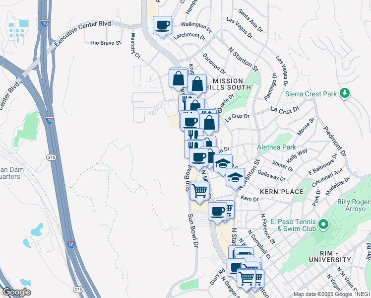 map of restaurants, bars, coffee shops, grocery stores, and more near 3500 Sun Bowl Drive in El Paso