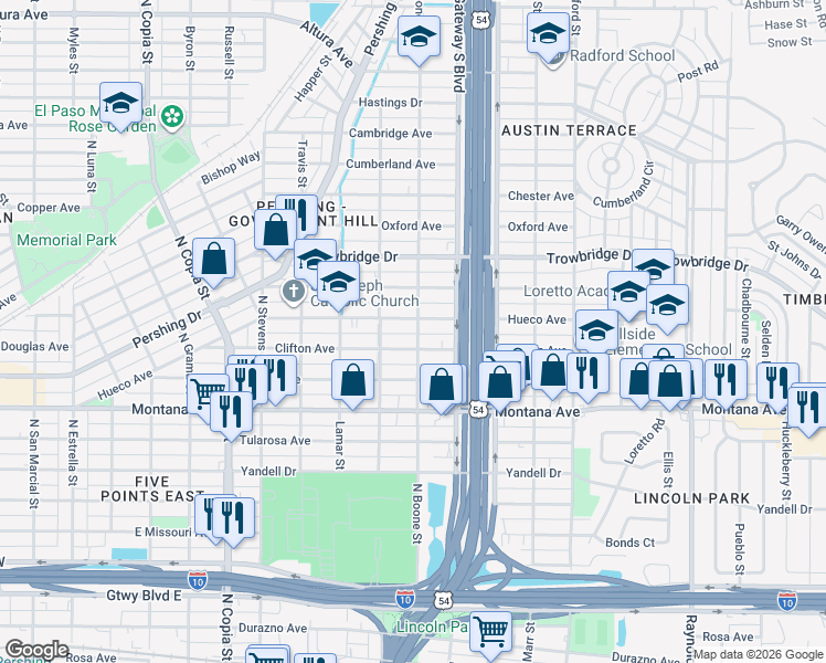 map of restaurants, bars, coffee shops, grocery stores, and more near in El Paso