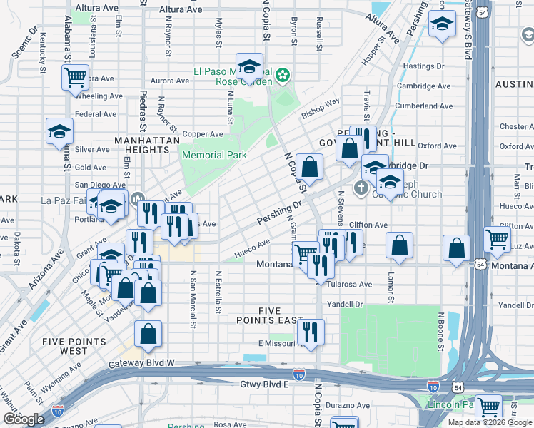 map of restaurants, bars, coffee shops, grocery stores, and more near 3403 Pershing Drive in El Paso