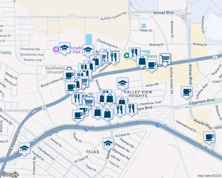 map of restaurants, bars, coffee shops, grocery stores, and more near 6317 Aztec Road in El Paso