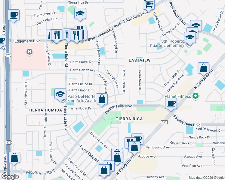 map of restaurants, bars, coffee shops, grocery stores, and more near 3017 Tierra Polar Drive in El Paso