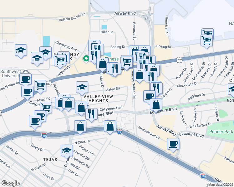 map of restaurants, bars, coffee shops, grocery stores, and more near 6528 Aztec Road in El Paso