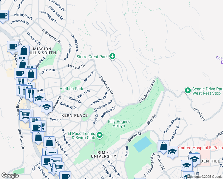 map of restaurants, bars, coffee shops, grocery stores, and more near 2928 Piedmont Drive in El Paso