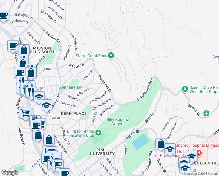 map of restaurants, bars, coffee shops, grocery stores, and more near 2928 Piedmont Drive in El Paso