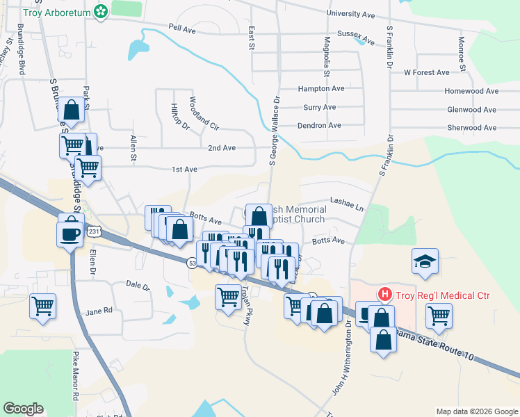 map of restaurants, bars, coffee shops, grocery stores, and more near 521 South George Wallace Drive in Troy
