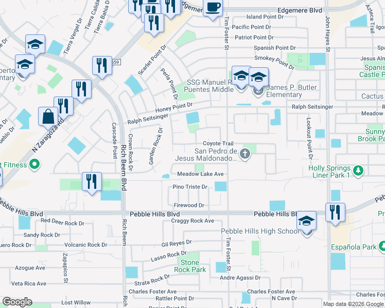 map of restaurants, bars, coffee shops, grocery stores, and more near 3085 Coyote Park Drive in El Paso
