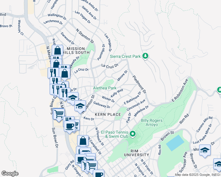 map of restaurants, bars, coffee shops, grocery stores, and more near 1007 Moore Street in El Paso