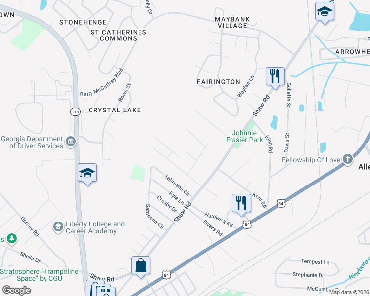 map of restaurants, bars, coffee shops, grocery stores, and more near 73 Rosebud Court in Hinesville