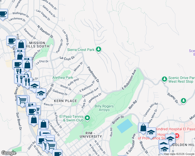 map of restaurants, bars, coffee shops, grocery stores, and more near 2928 Piedmont Drive in El Paso