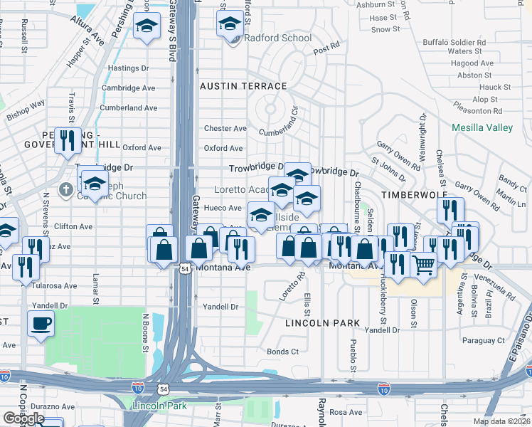 map of restaurants, bars, coffee shops, grocery stores, and more near 4518 Hueco Avenue in El Paso