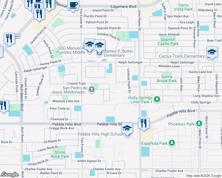 map of restaurants, bars, coffee shops, grocery stores, and more near 14418 Coyote Trail in El Paso