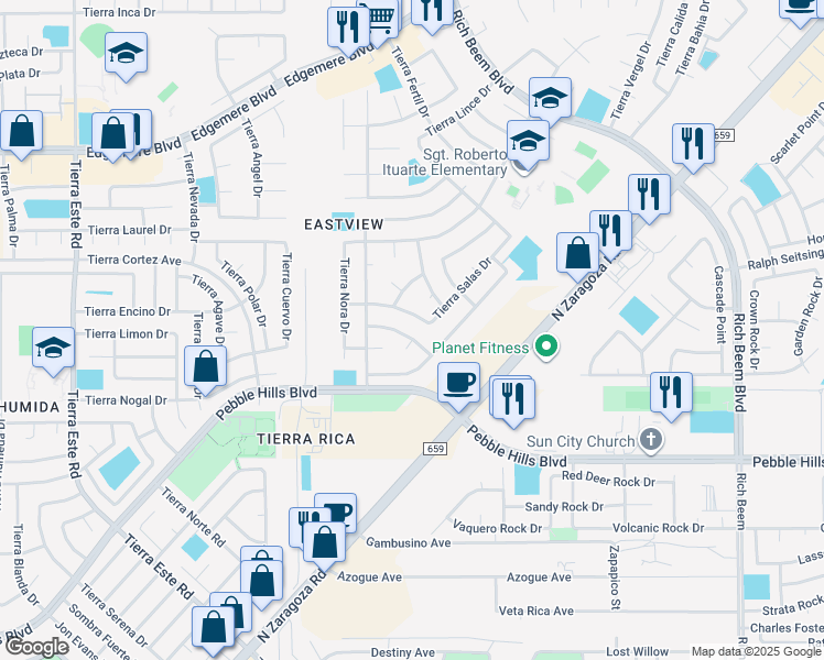 map of restaurants, bars, coffee shops, grocery stores, and more near 12741 Tierra Monje Lane in El Paso