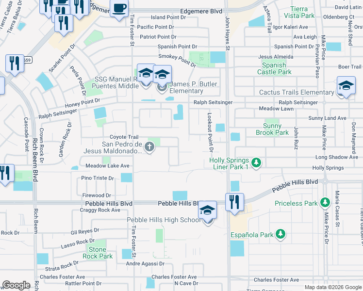 map of restaurants, bars, coffee shops, grocery stores, and more near 14418 Coyote Trail in El Paso