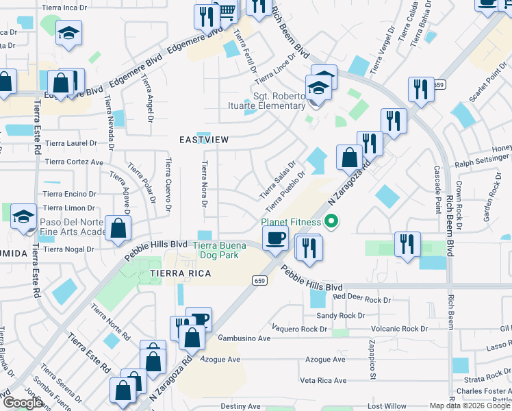 map of restaurants, bars, coffee shops, grocery stores, and more near 12741 Tierra Monje Lane in El Paso