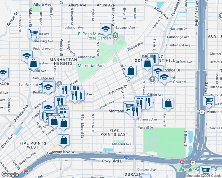 map of restaurants, bars, coffee shops, grocery stores, and more near 3318 Douglas Avenue in El Paso