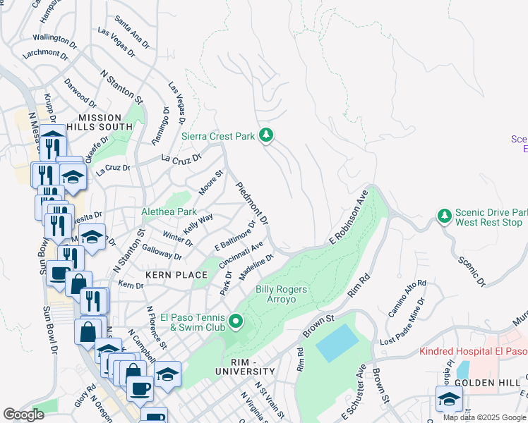 map of restaurants, bars, coffee shops, grocery stores, and more near 2928 Piedmont Drive in El Paso