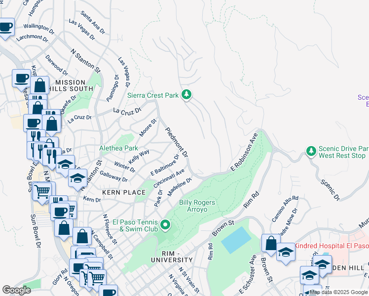 map of restaurants, bars, coffee shops, grocery stores, and more near 2928 Piedmont Drive in El Paso
