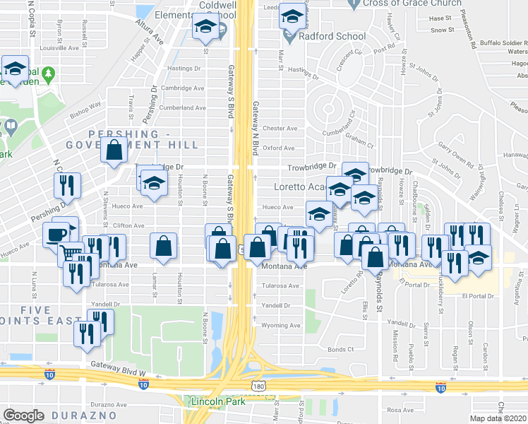 map of restaurants, bars, coffee shops, grocery stores, and more near 4308 Hueco Avenue in El Paso