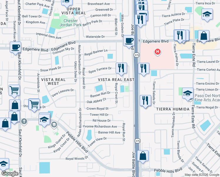 map of restaurants, bars, coffee shops, grocery stores, and more near 12036 Crown Woods Court in El Paso