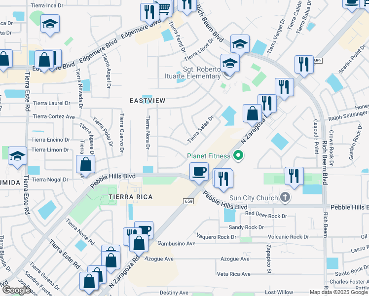 map of restaurants, bars, coffee shops, grocery stores, and more near 12741 Tierra Monje Lane in El Paso