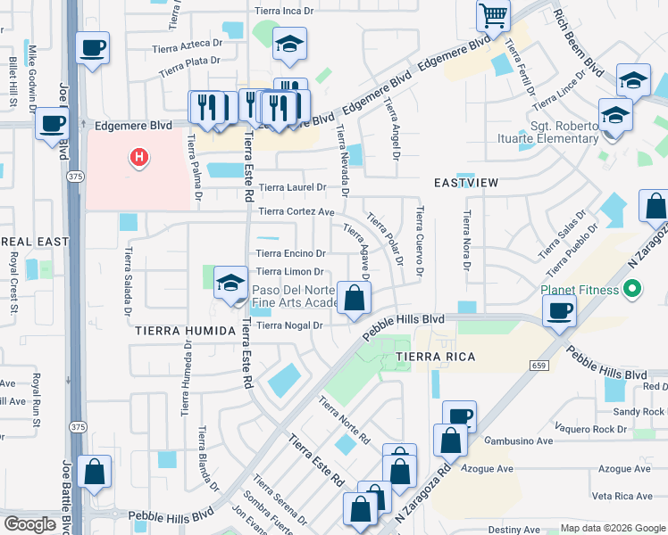 map of restaurants, bars, coffee shops, grocery stores, and more near 3060 Tierra Limon Drive in El Paso