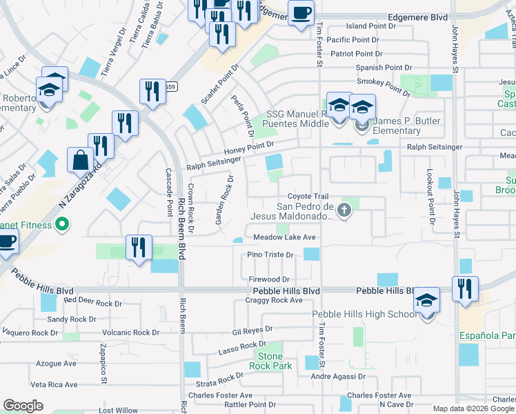 map of restaurants, bars, coffee shops, grocery stores, and more near 3002 Coyote View in El Paso