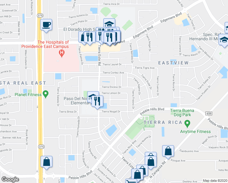 map of restaurants, bars, coffee shops, grocery stores, and more near 12441 Tierra Limon Drive in El Paso