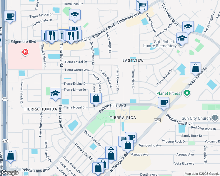 map of restaurants, bars, coffee shops, grocery stores, and more near 3017 Tierra Polar Drive in El Paso